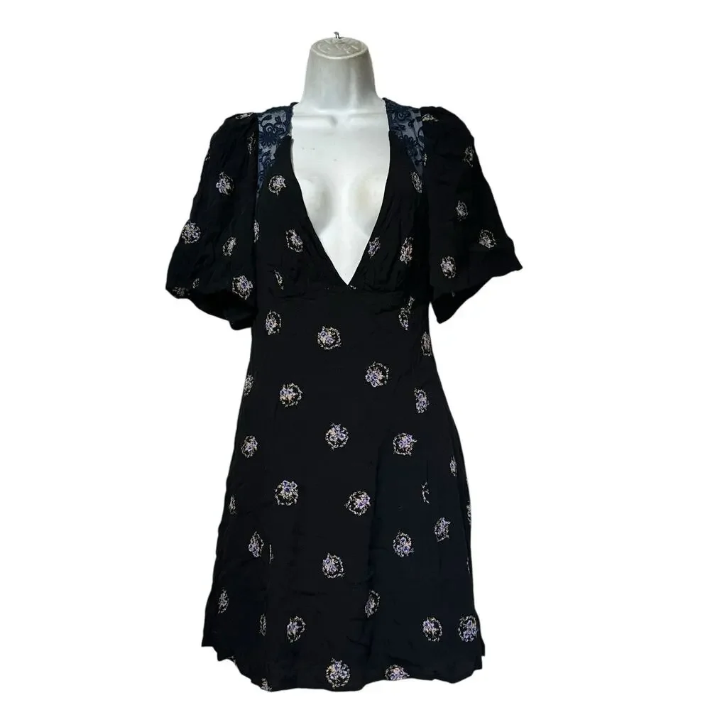 Free People Mockingbird Floral Print Black Embroidered Mini Tunic Dress Size 4